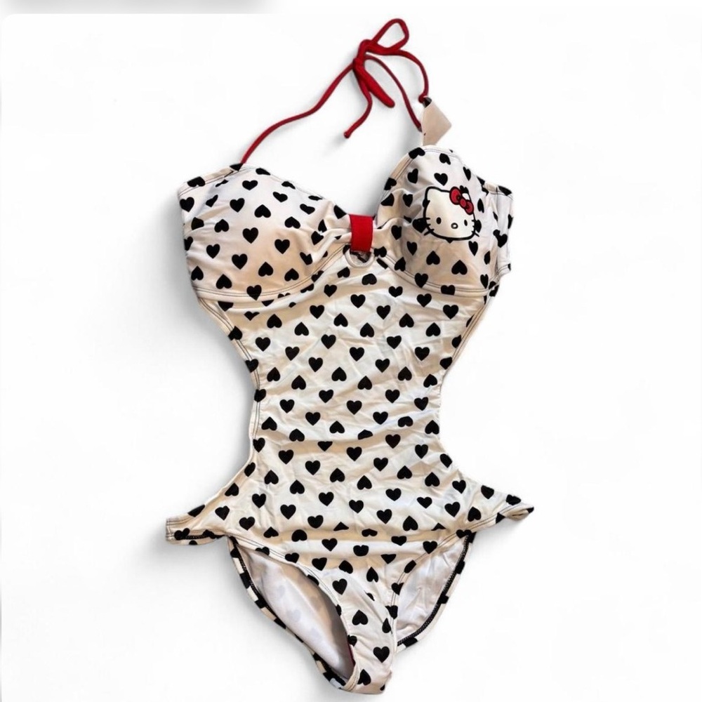 Hello Kitty Kids One Piece Swimsuit - Black Hearts on White